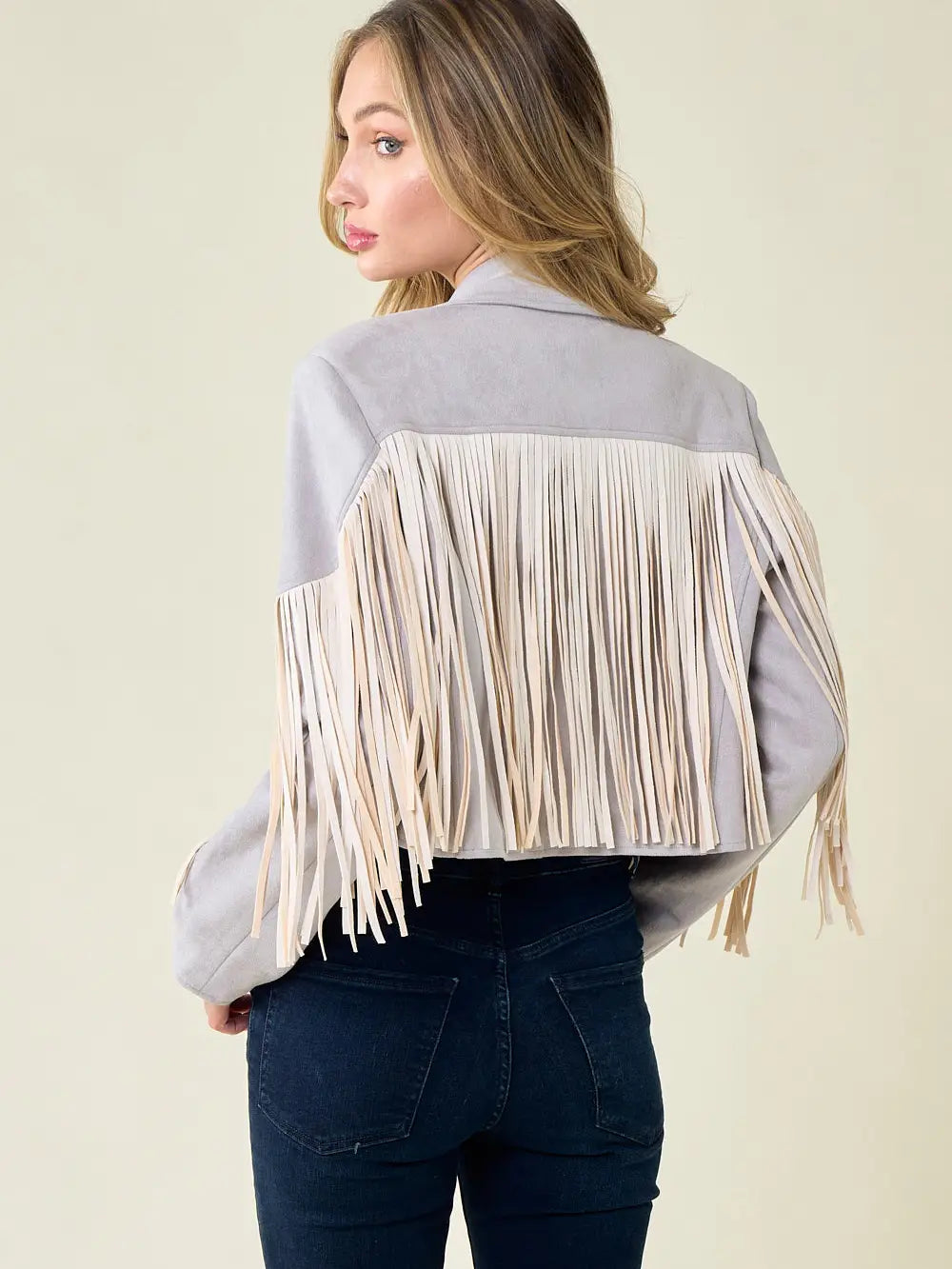 Two Tone Fringe Faux Suede Jacket Grey/Cream