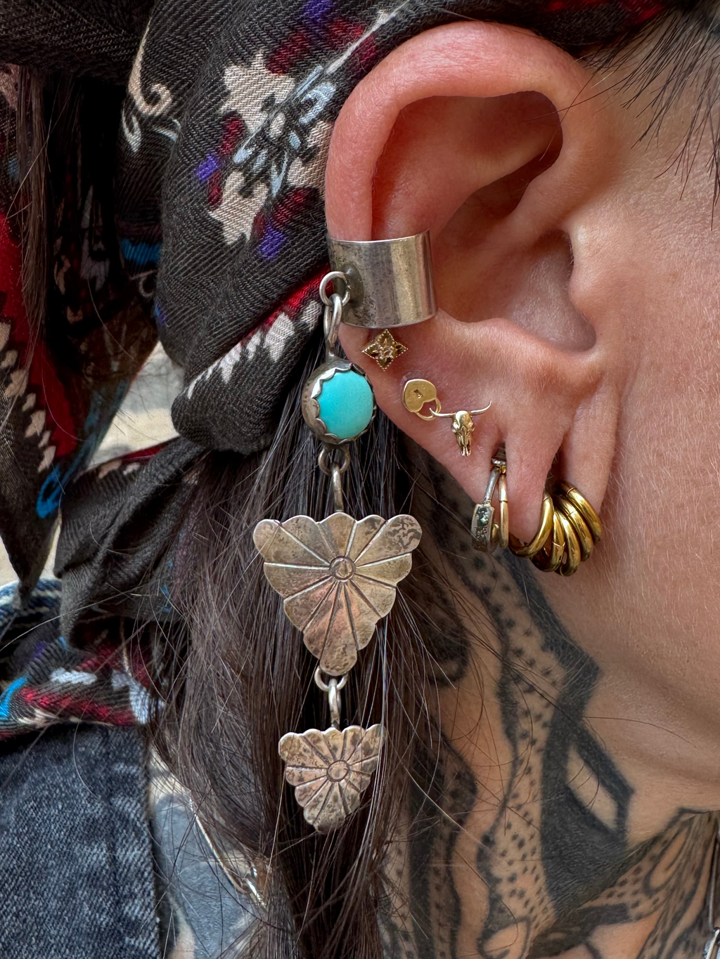 Vintage Sterling Turquoise Hanging Ear Cuff