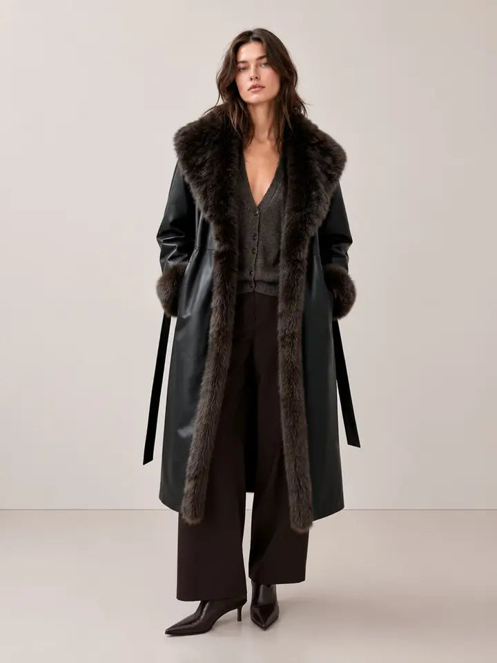 Montauk Faux Leather Coat with Faux Fur Trim Black
