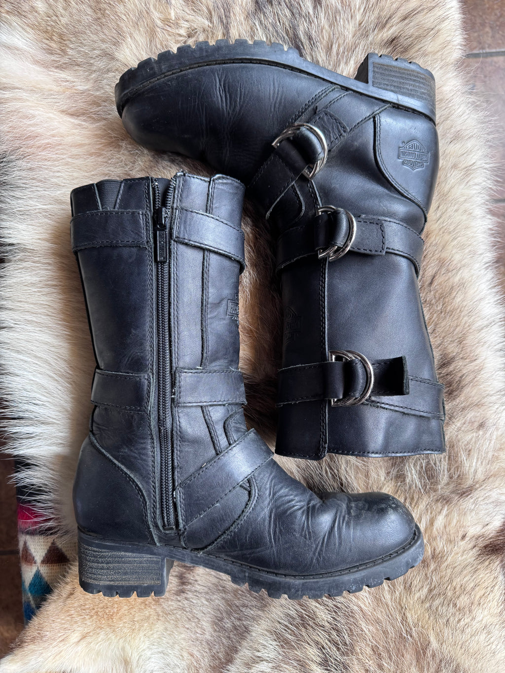 Vintage Harley Davidson Y2k Triple Buckle Zip Up Lug Sole Boot Size 7.5