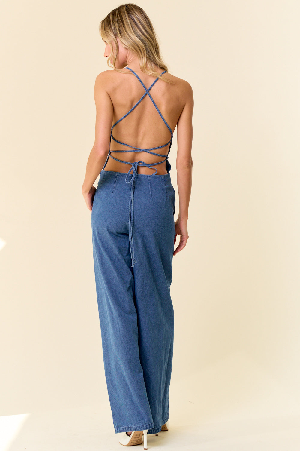Lace Up Back Wide Leg Denim Jumpsuit