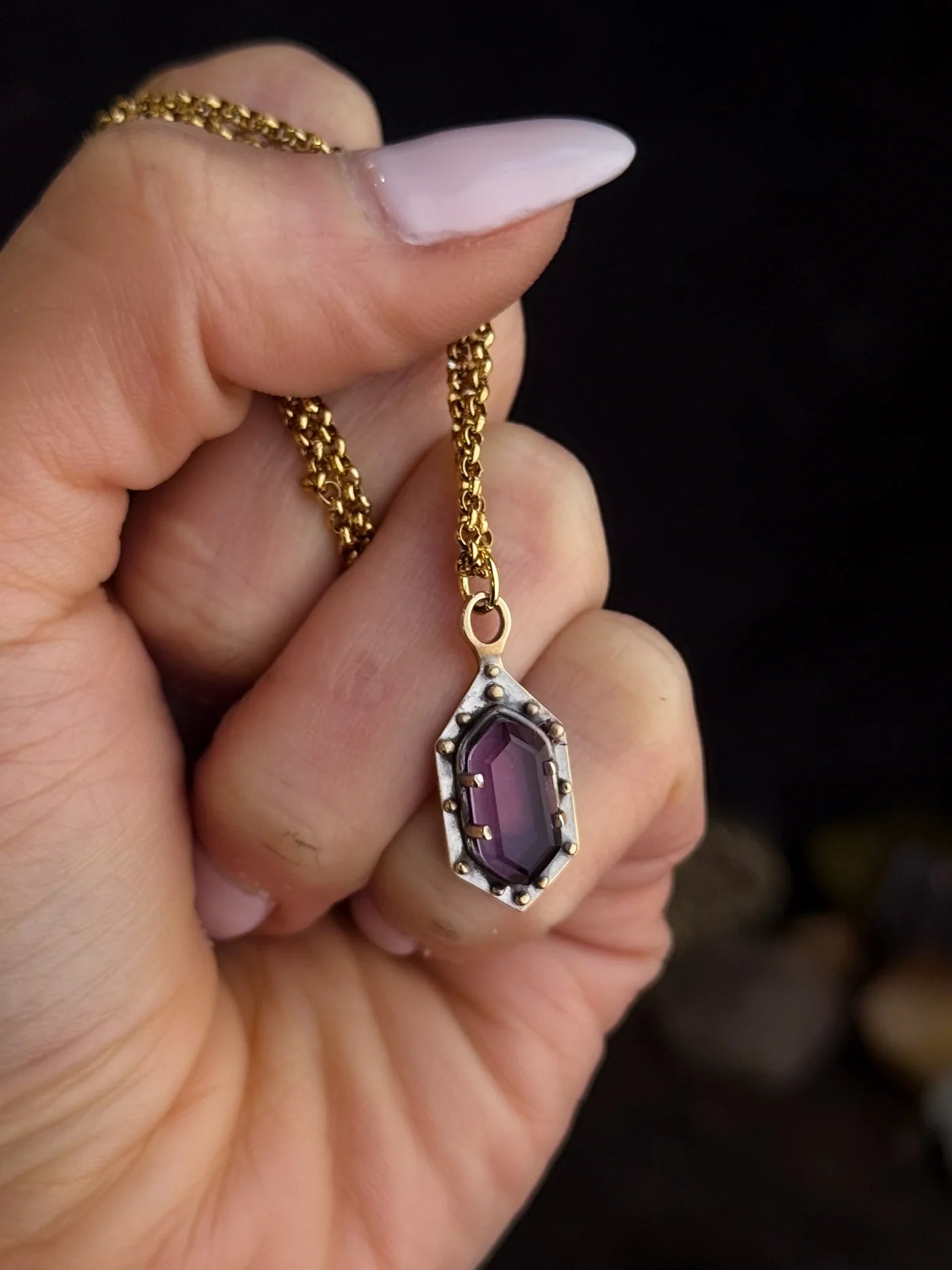 Maiden Shield Hex Necklace Amethyst Brass