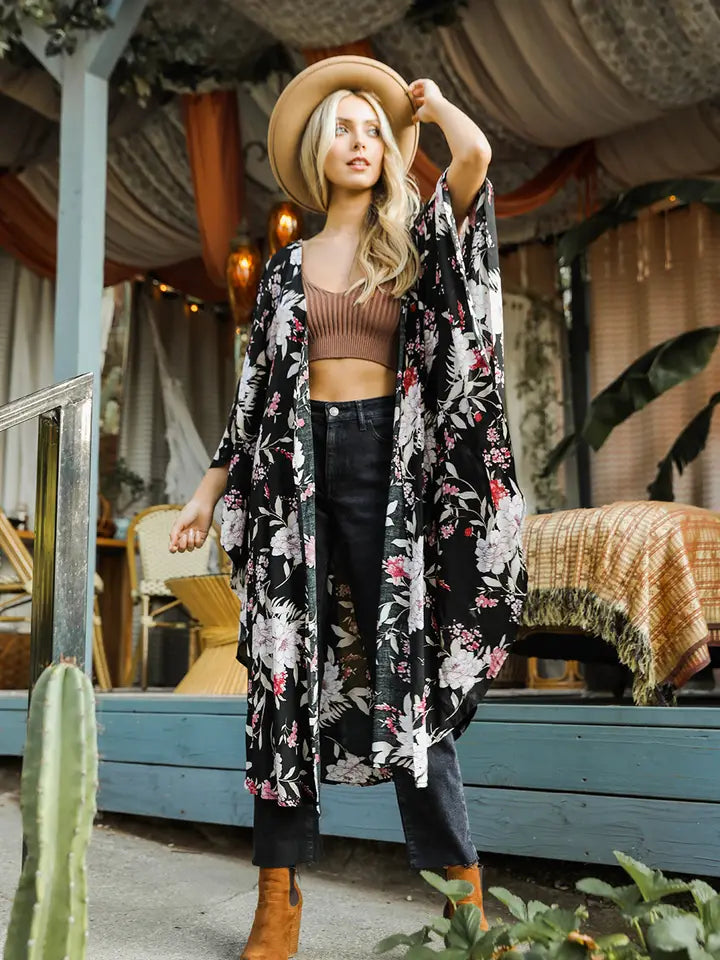 Flowing Floral Kimono with Butterfly Sleeves Black
