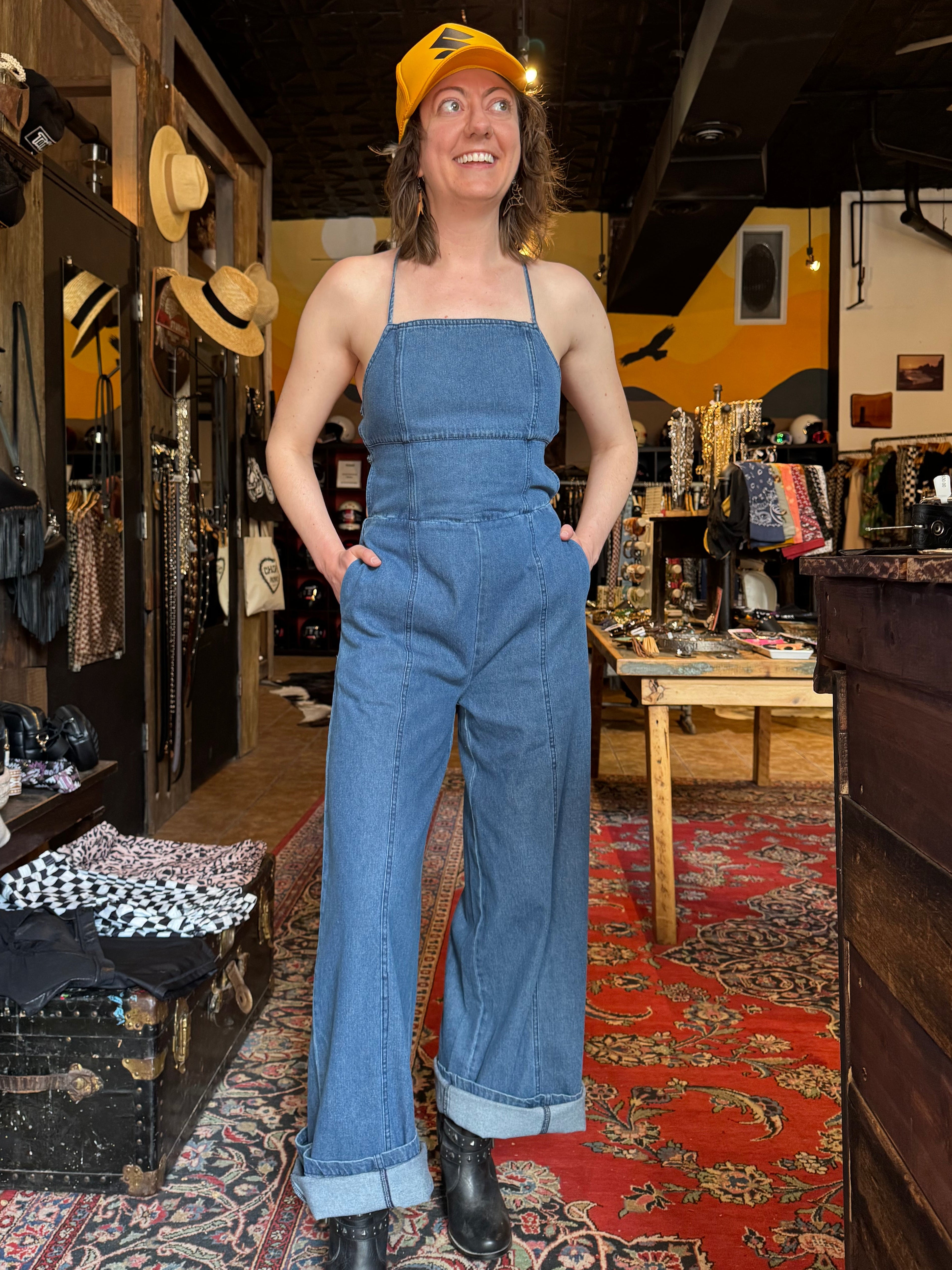 Lace Up Back Wide Leg Denim Jumpsuit