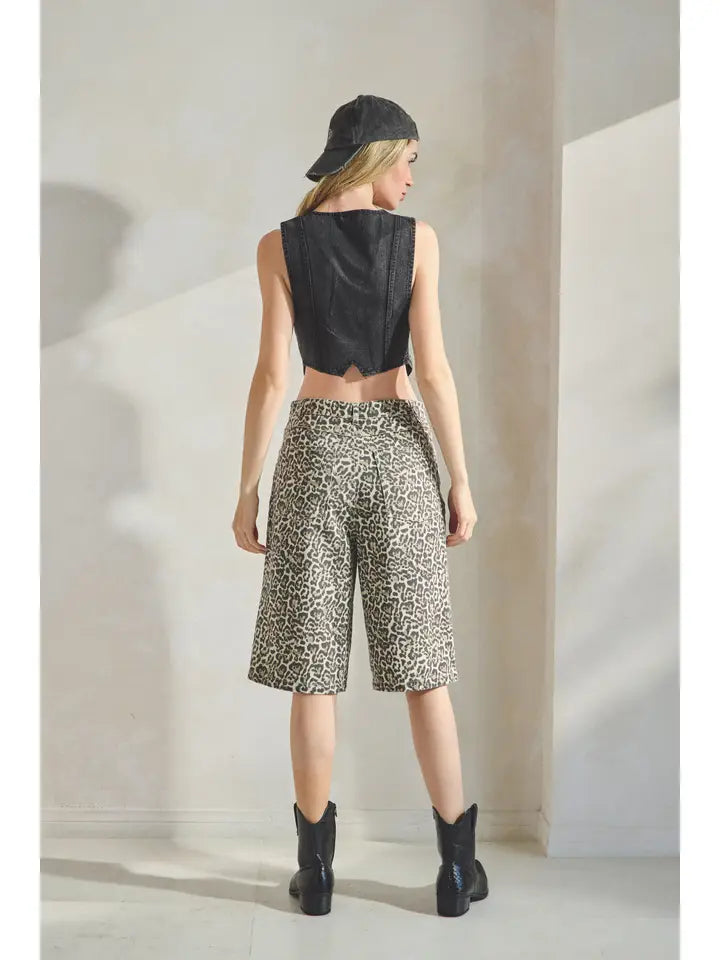Leopard Denim Bermuda Shorts