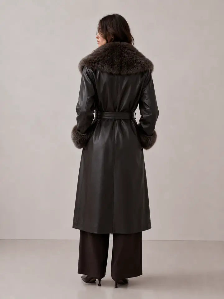 Montauk Faux Leather Coat with Faux Fur Trim Black