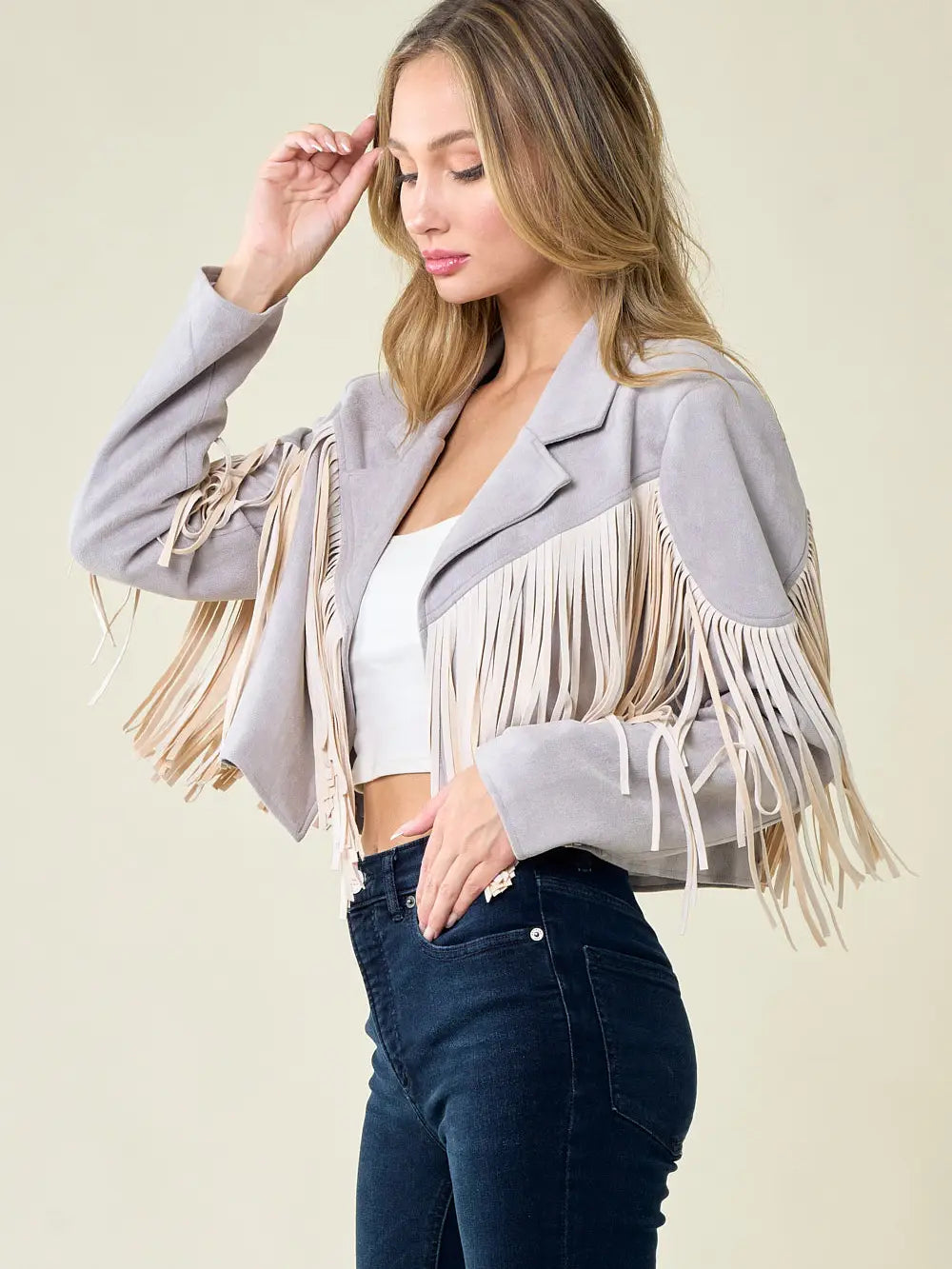 Two Tone Fringe Faux Suede Jacket Grey/Cream