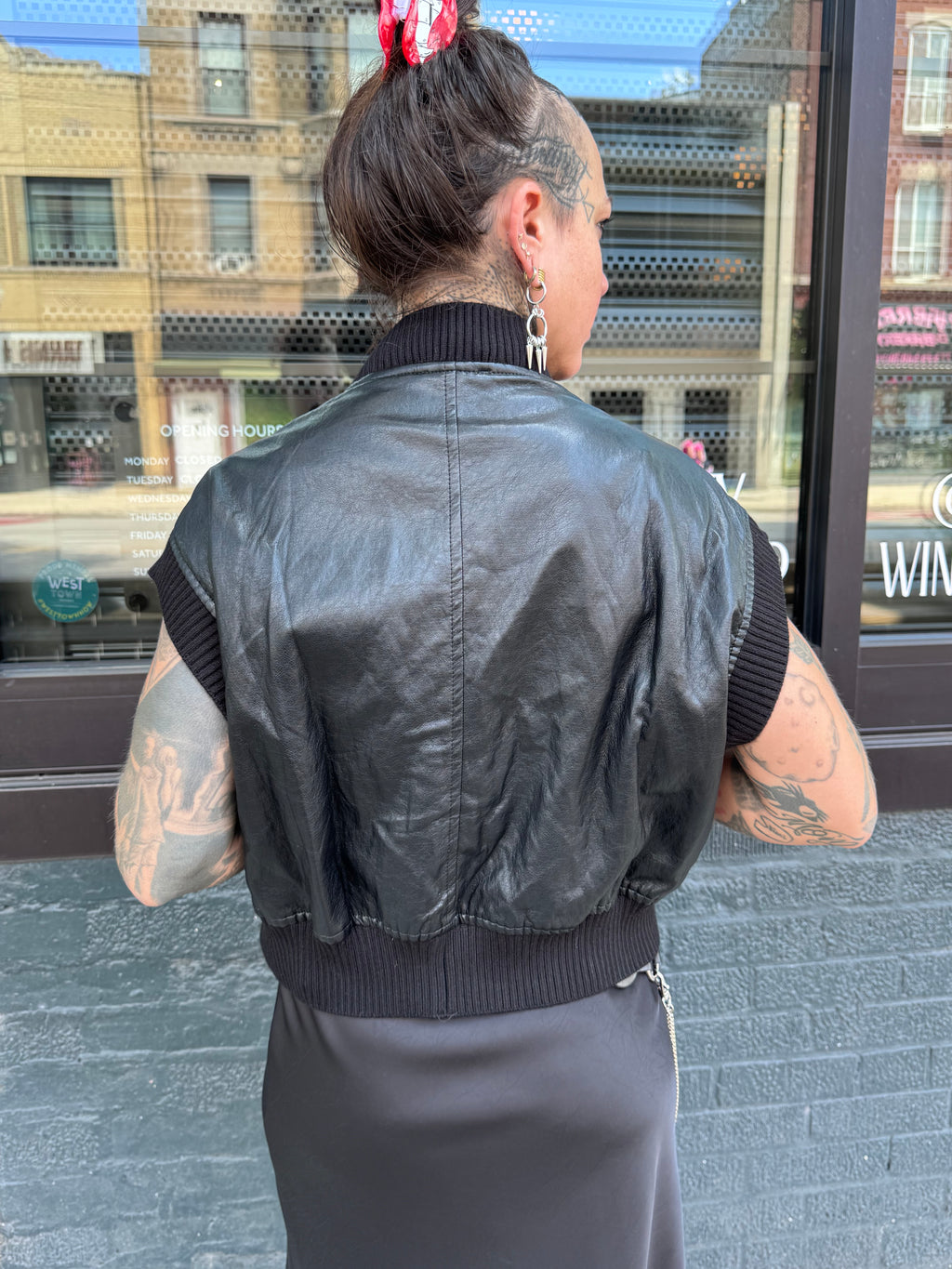 Faux Leather Knit Trim Vest Black