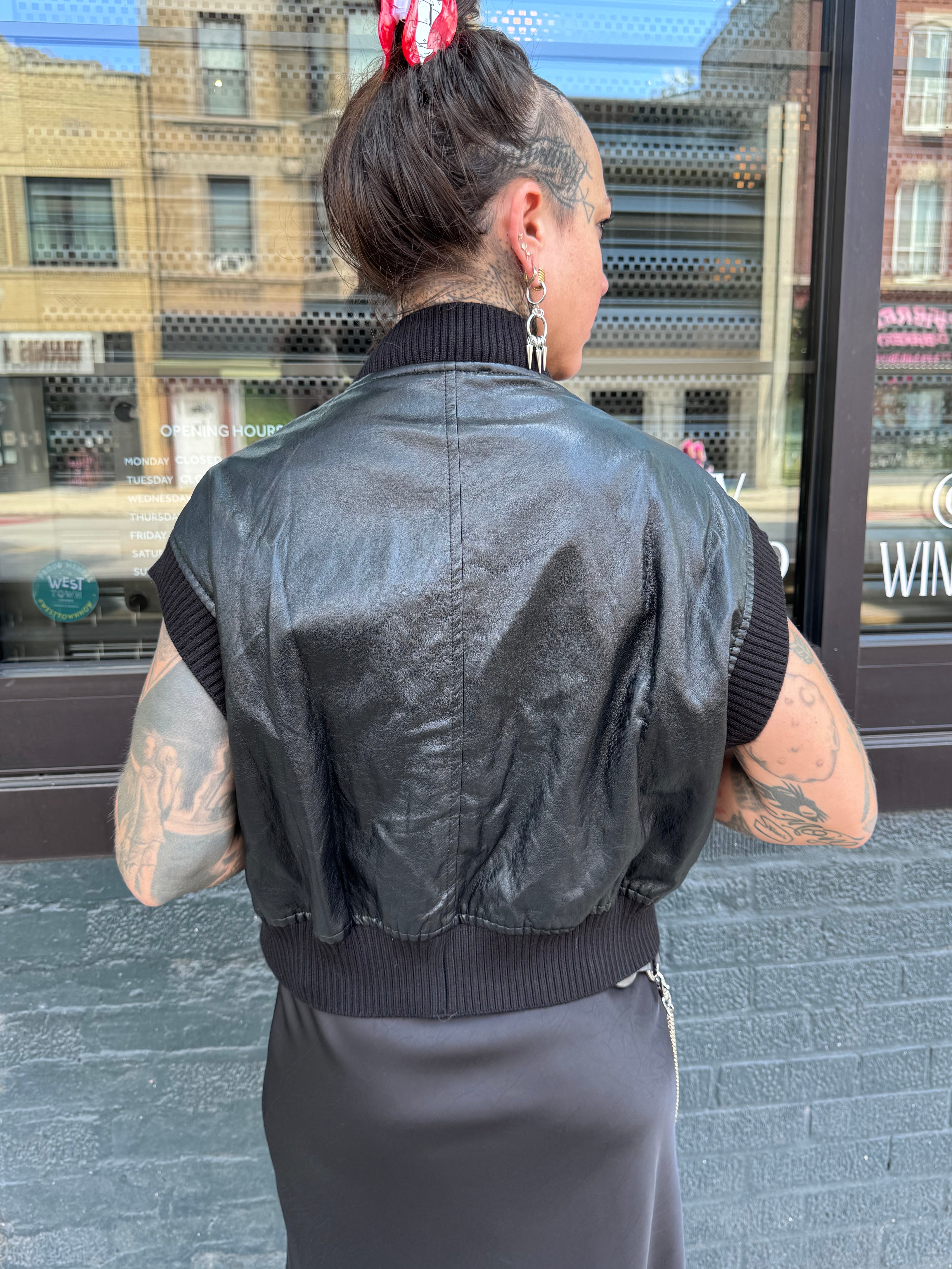 Faux Leather Knit Trim Vest Black