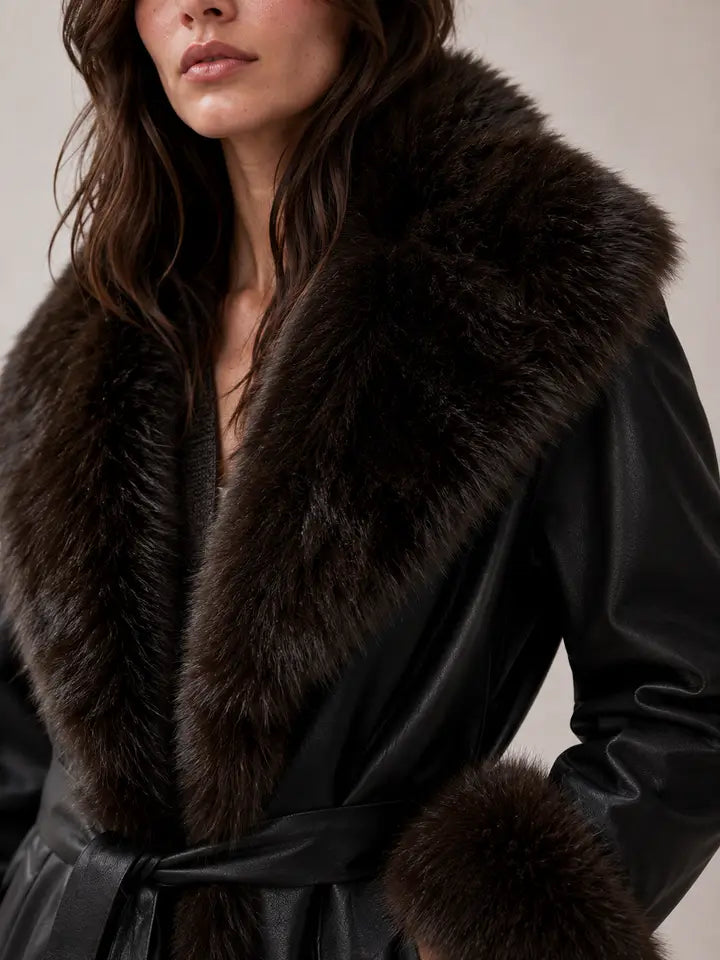 Montauk Faux Leather Coat with Faux Fur Trim Black