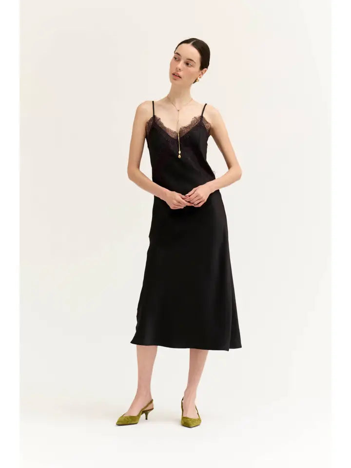 Lace Detailed Satin Slip Dress Black