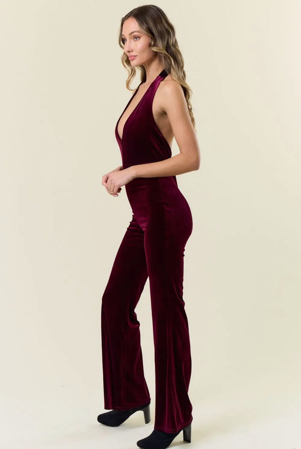 Velvet Bell Halter Body Suit Burgundy