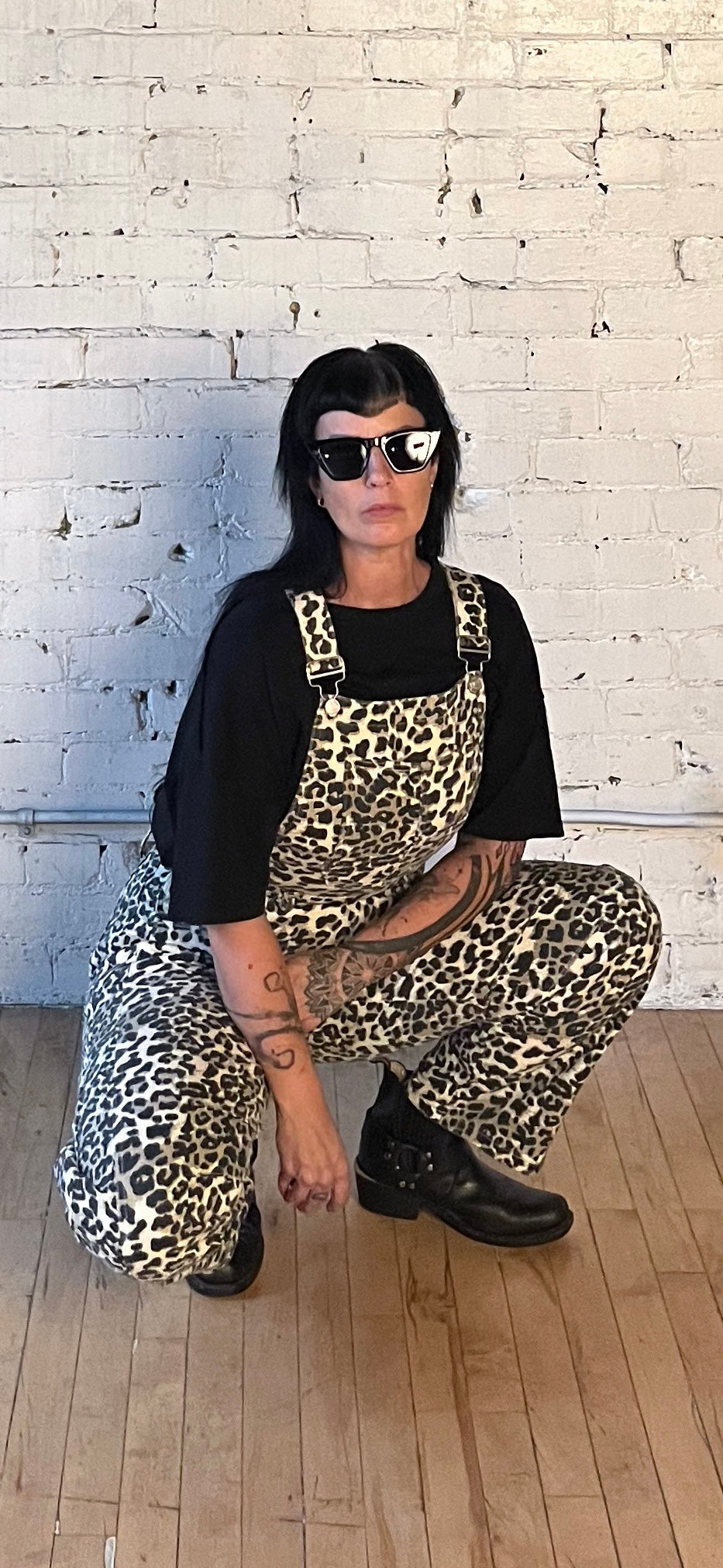 Oversize Fit Denim Overalls Leopard