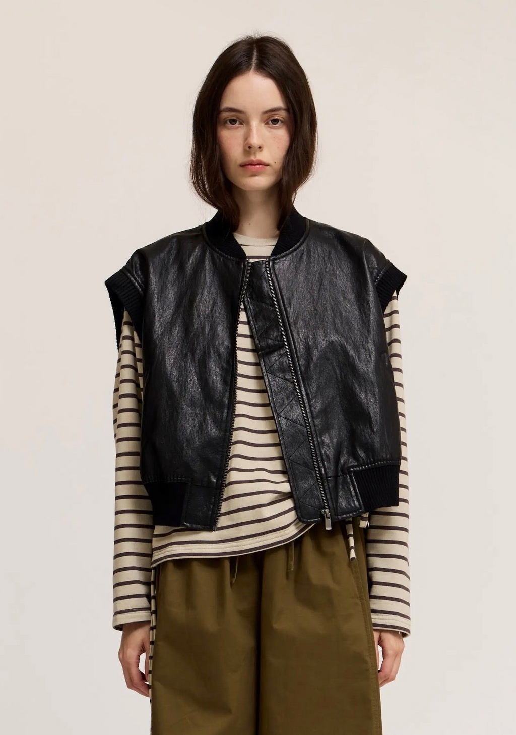 Faux Leather Knit Trim Vest Black
