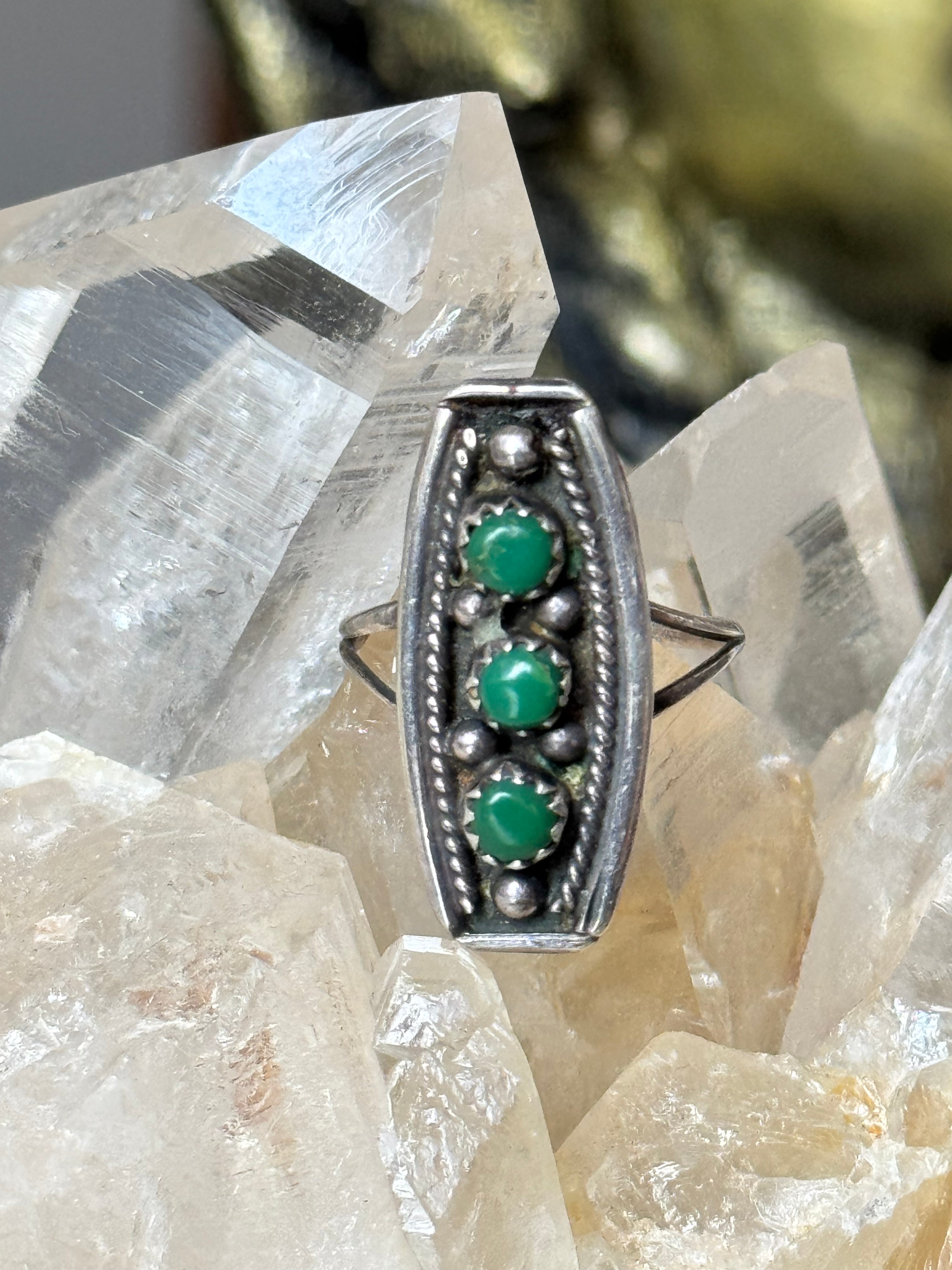 Vintage Triple Green Turquoise Ring Size 6.5