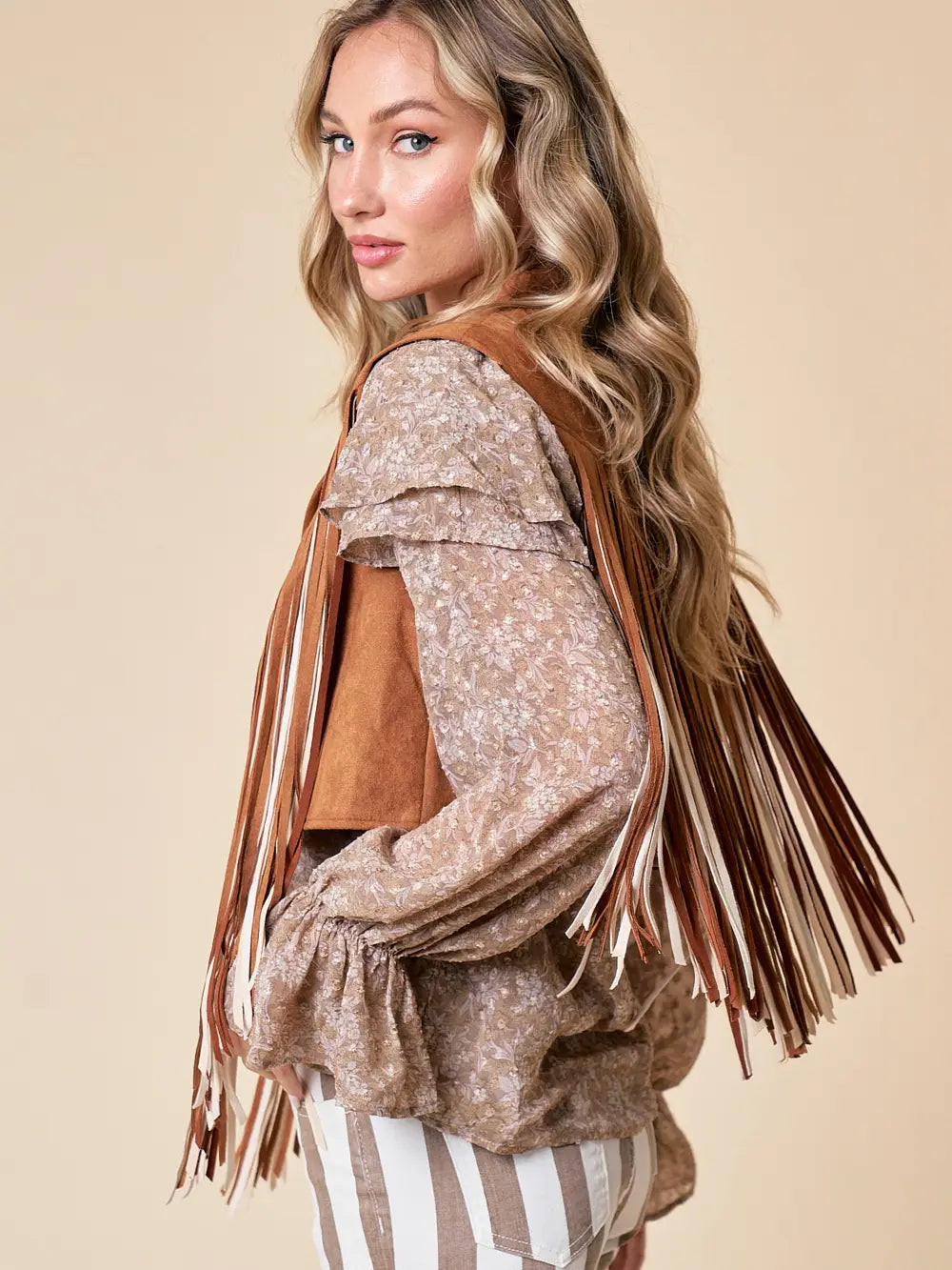 Two Tone Faux Suede Vest Tan/Cream