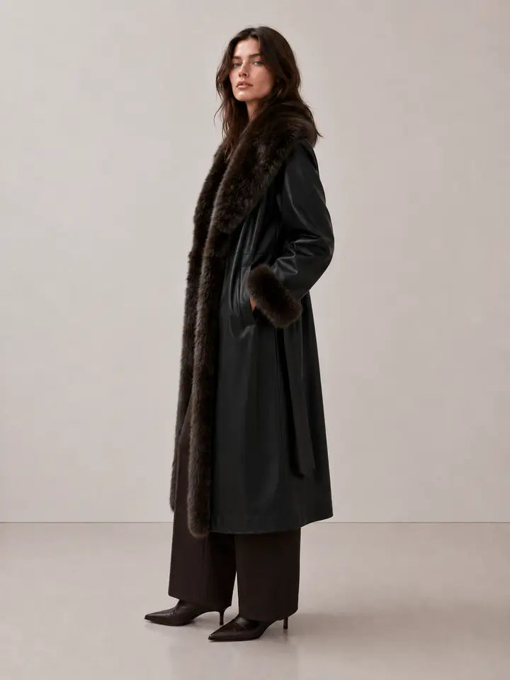 Montauk Faux Leather Coat with Faux Fur Trim Black