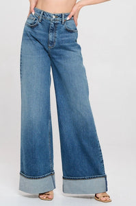 High Rise Wide Leg Cuff Jeans