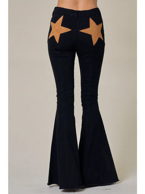 Star Pocket Bell Bottom Jeans Black/Tan