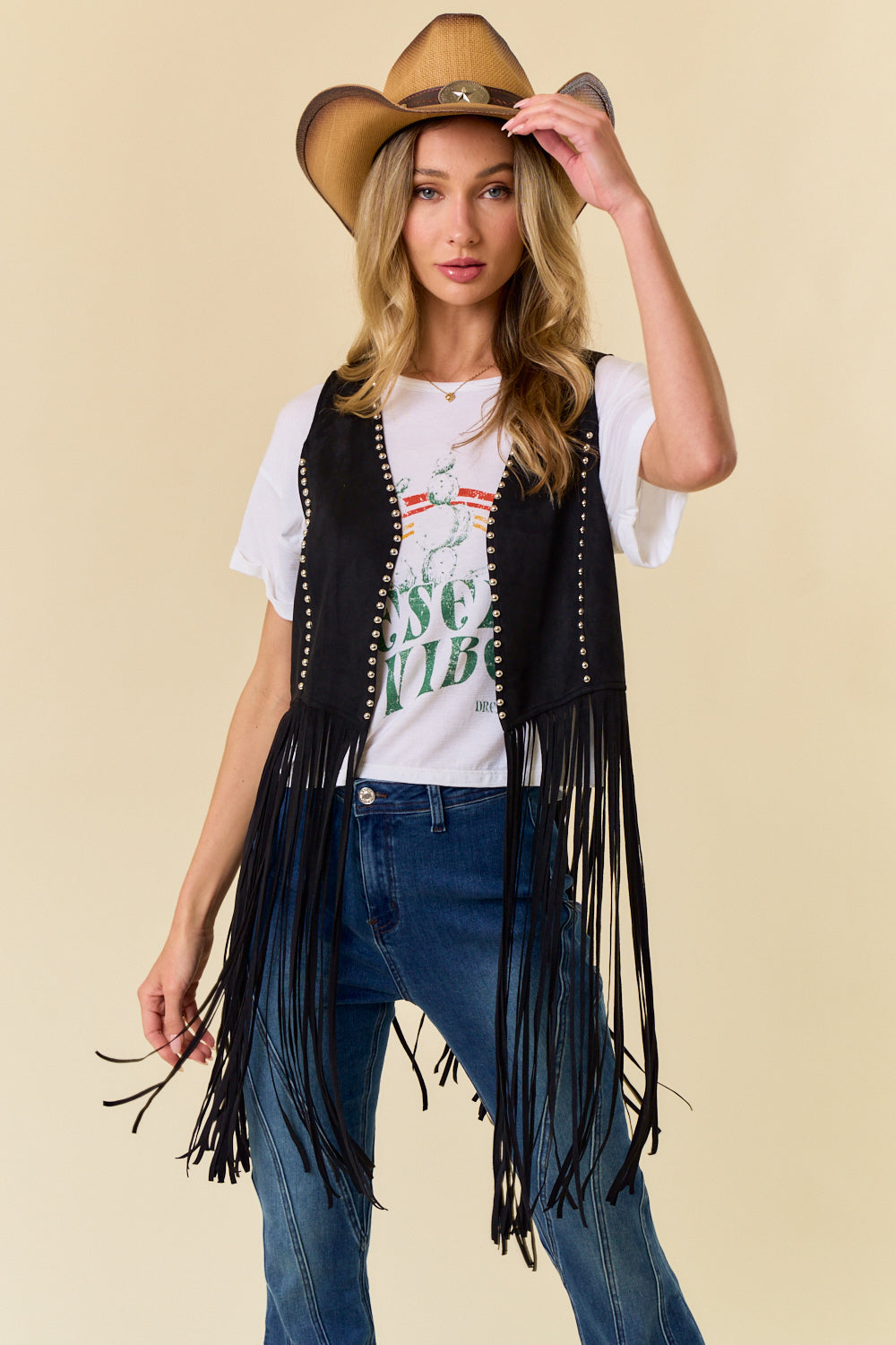 Studded Long Fringe Sueded Vest Black