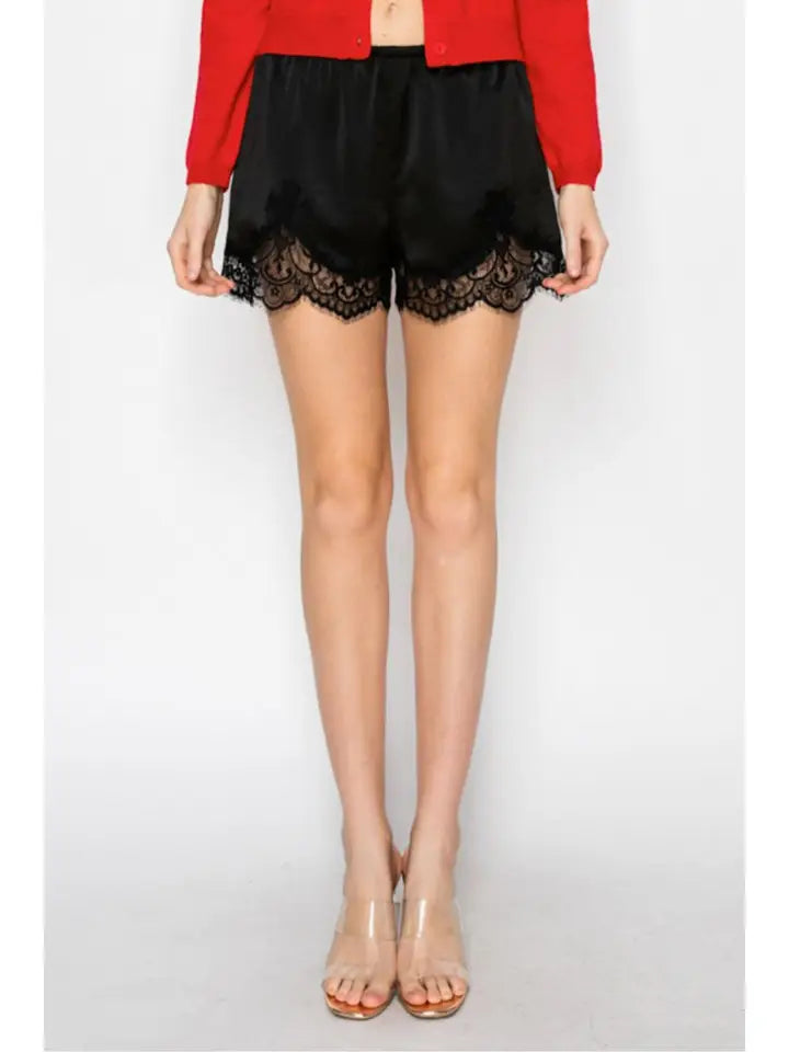 Satin Lace Trim Lounge Shorts Black