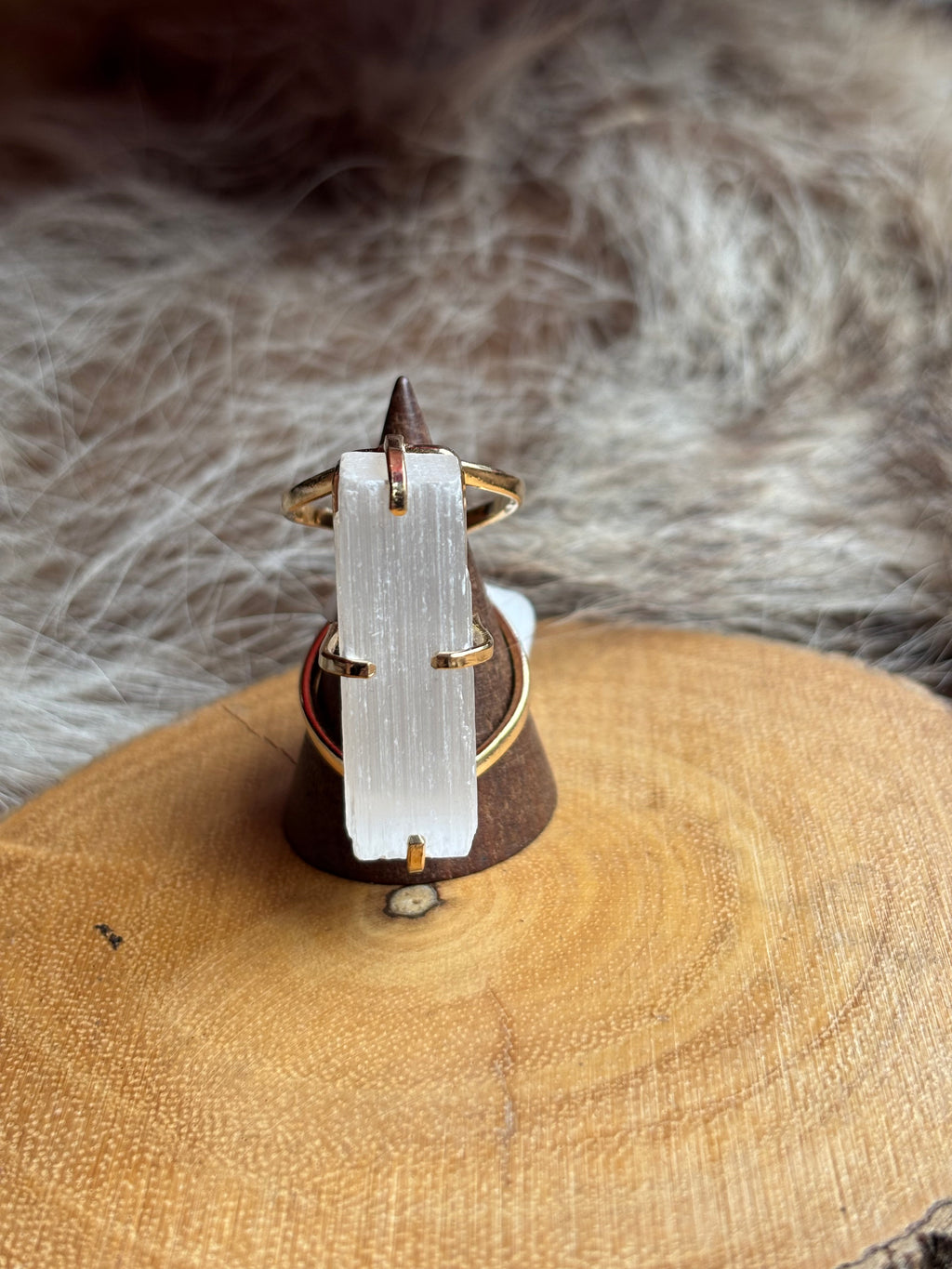 Selenite Gold Prong Ring