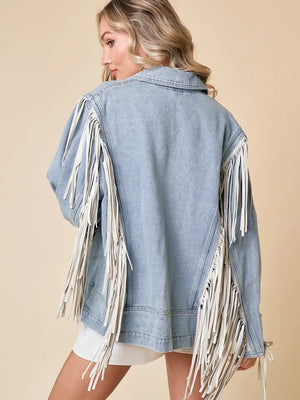 Oversized Fringe Light Wash Denim Jacket