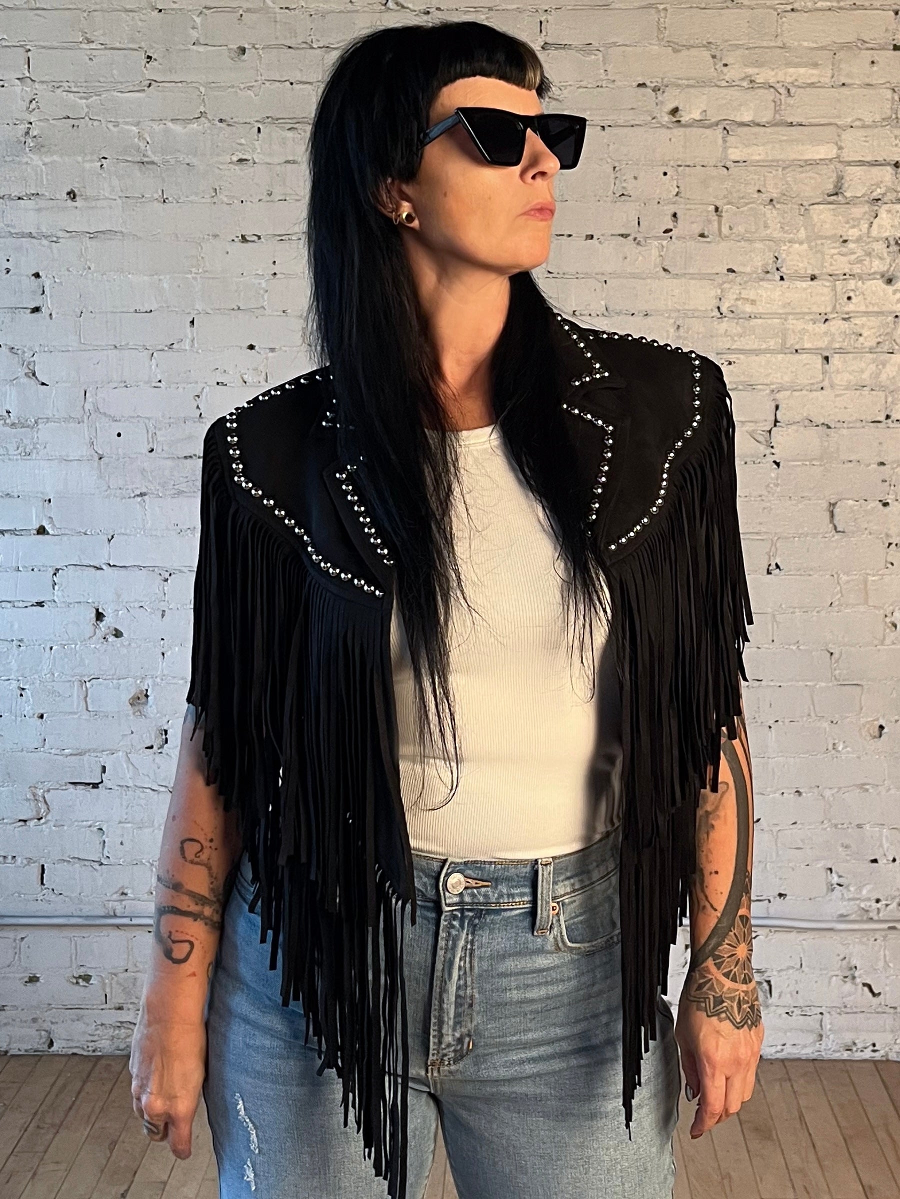 Studded Fringe Shrug Black