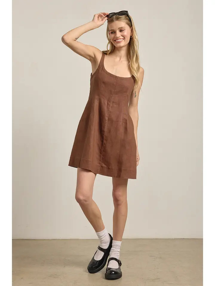 Linen Square Neck Dress Brown