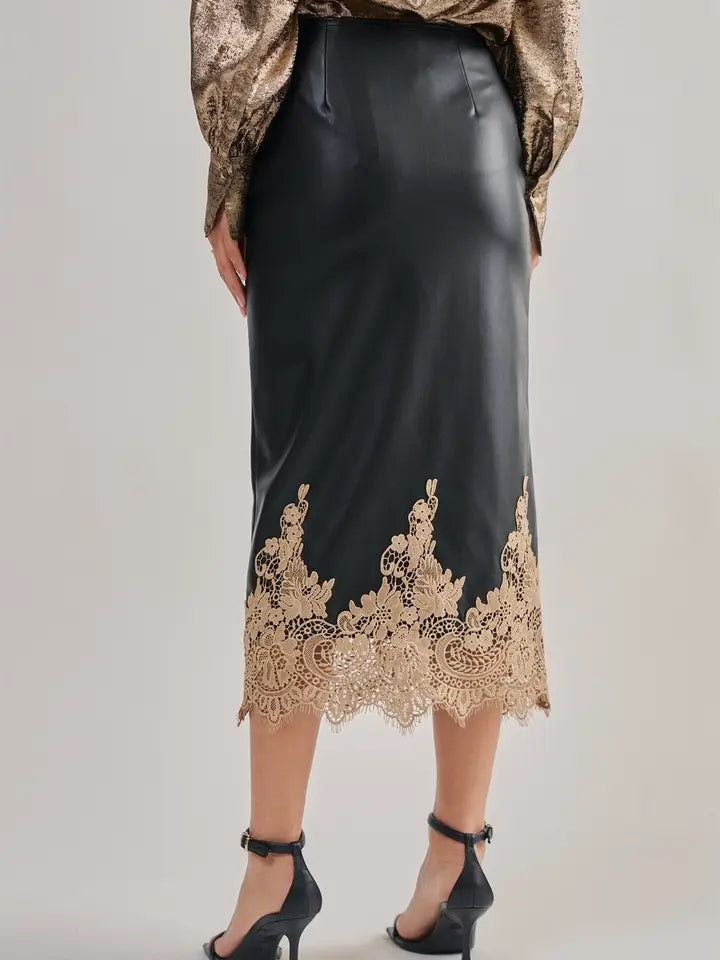Faux Leather and Lace Midi Skirt