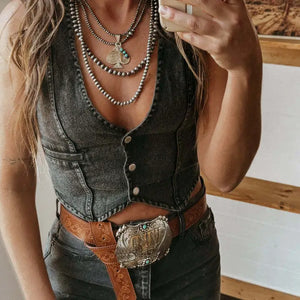 Denim Snap Crop Vest Black