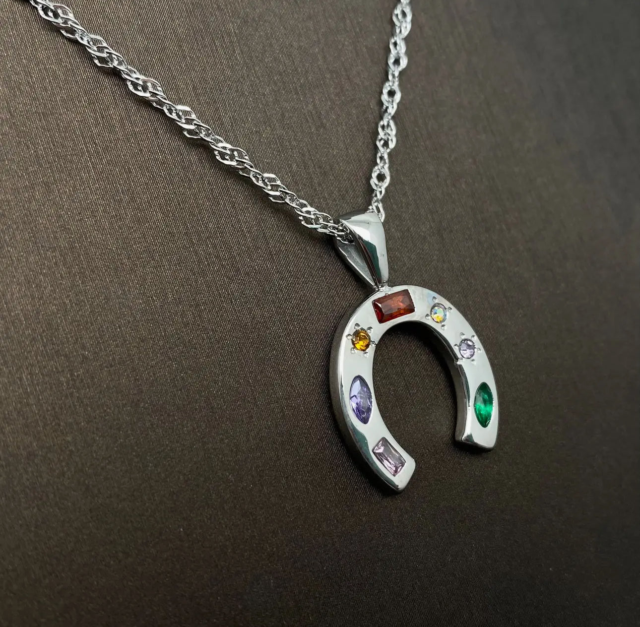 CZ Lucky Horseshoe Necklace Silver