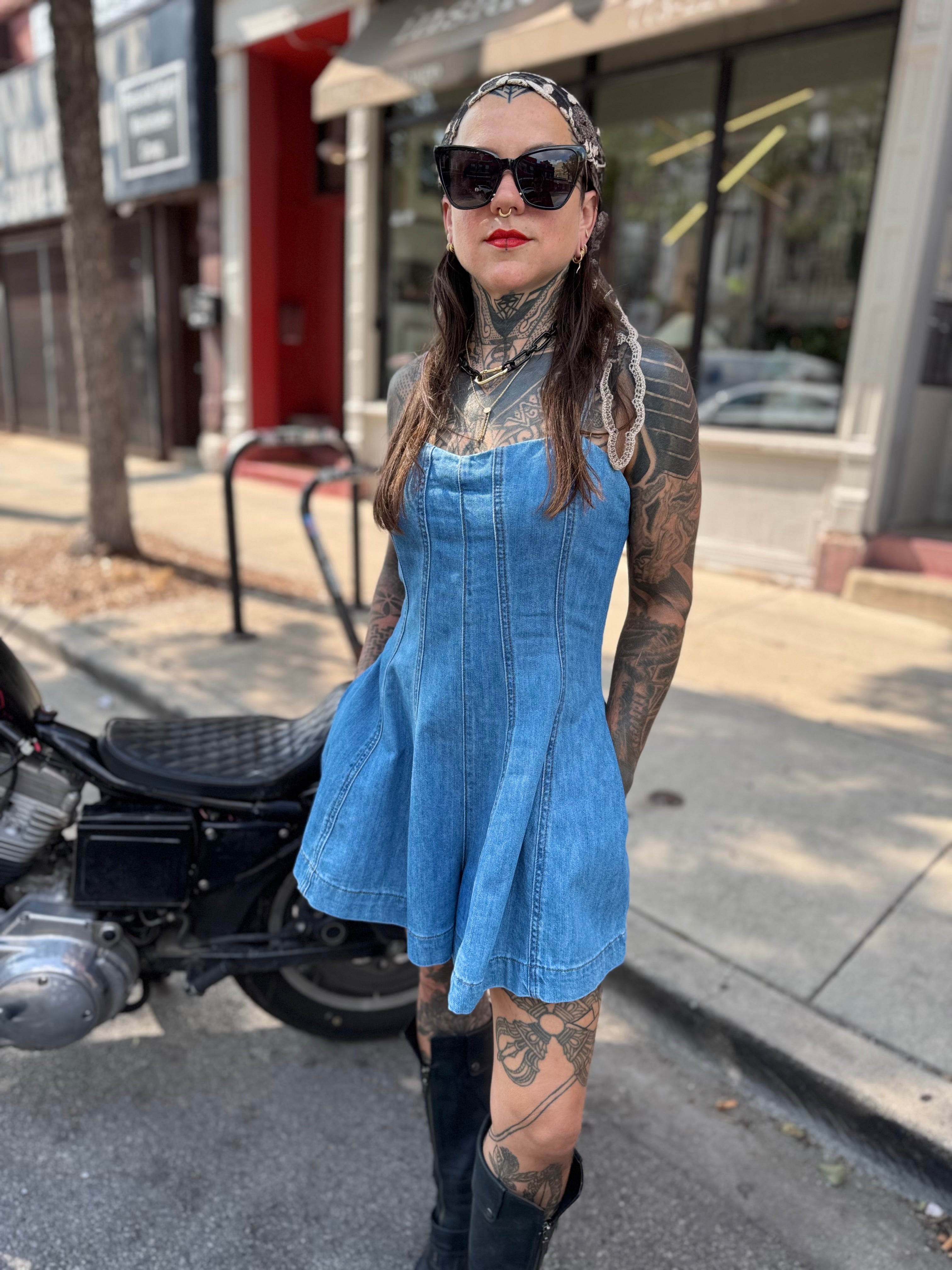 Paneled Denim Skort Romper