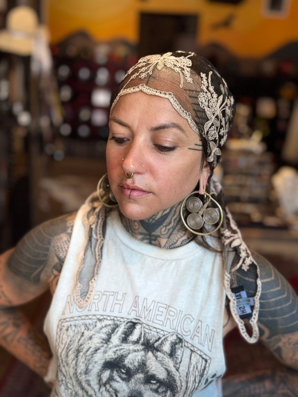 Retro Lace Floral Headscarf Black
