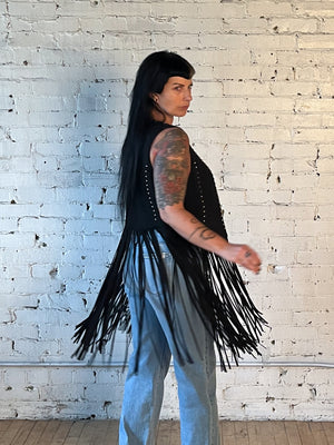 Studded Long Fringe Sueded Vest Black