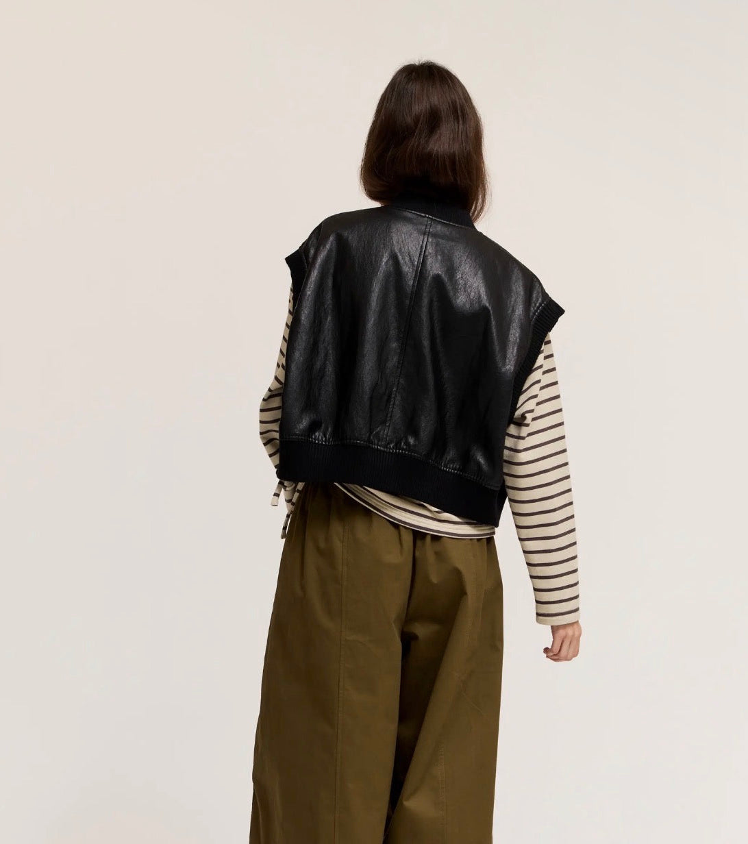 Faux Leather Knit Trim Vest Black