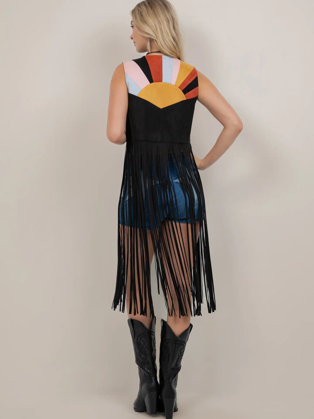 Sunrise Long Fringe Vest Black Multi