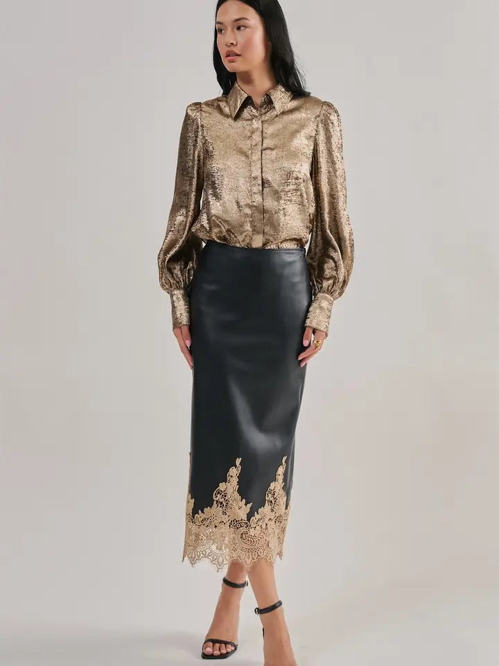 Faux Leather and Lace Midi Skirt