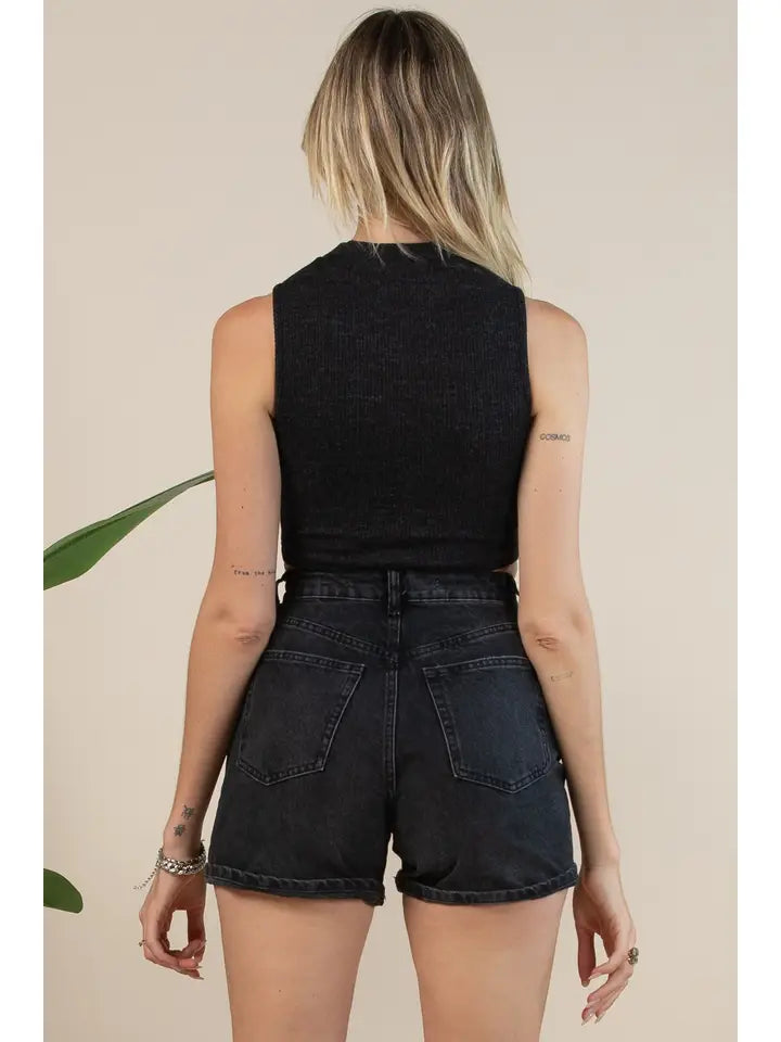 Rhinestone Knit Muscle Tank Black