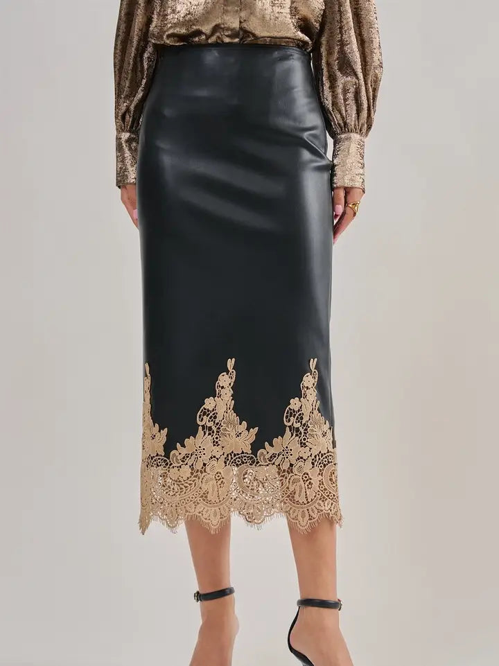 Faux Leather and Lace Midi Skirt