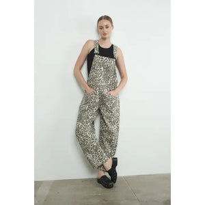 Oversize Fit Denim Overalls Leopard