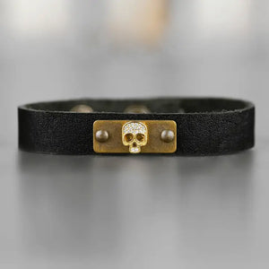 Thin Leather Pave Skull Cuff Black