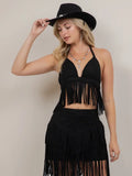 Faux Suede Fringe Halter Top