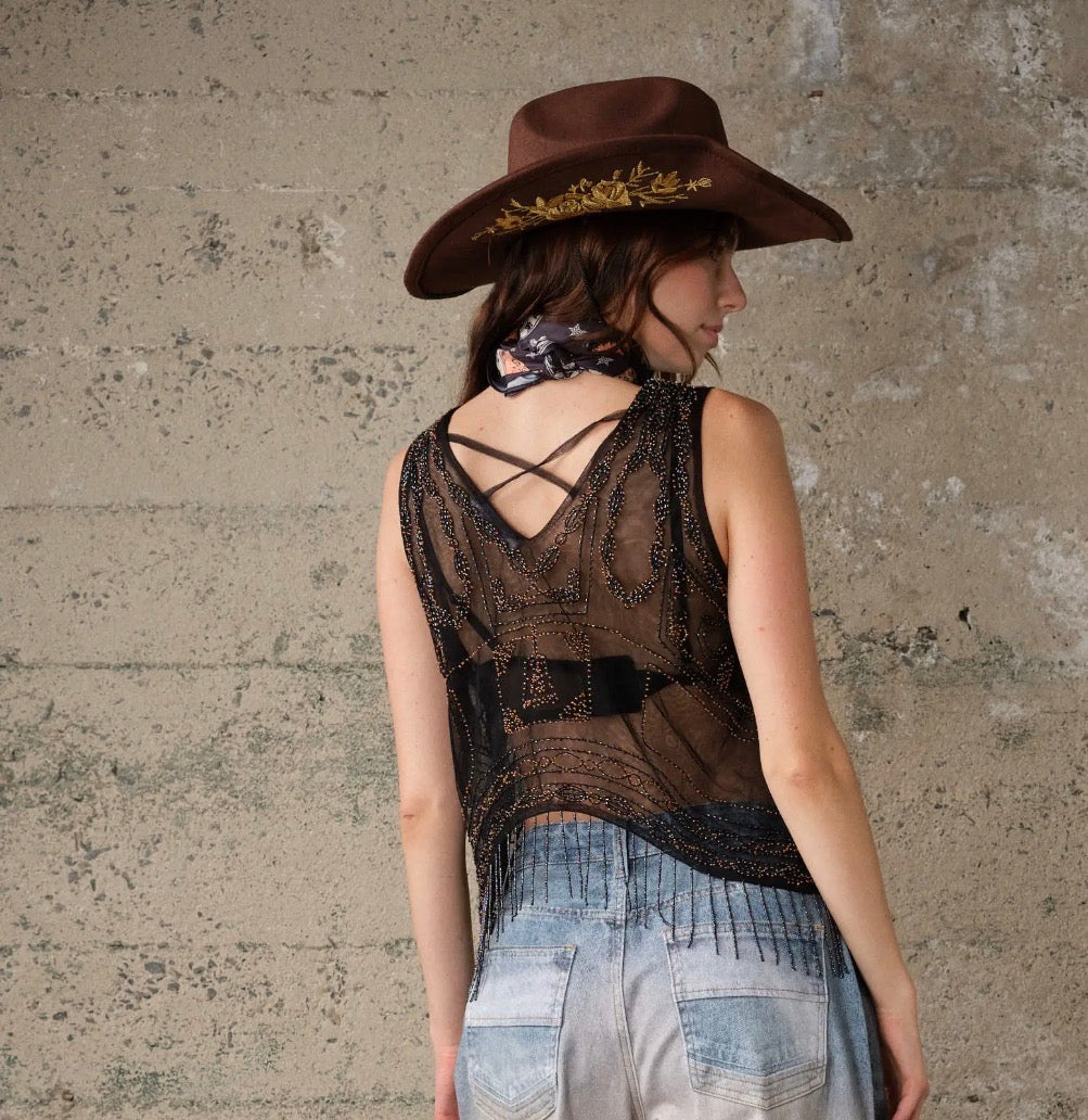 Beaded Sheer Mesh Fringed Top