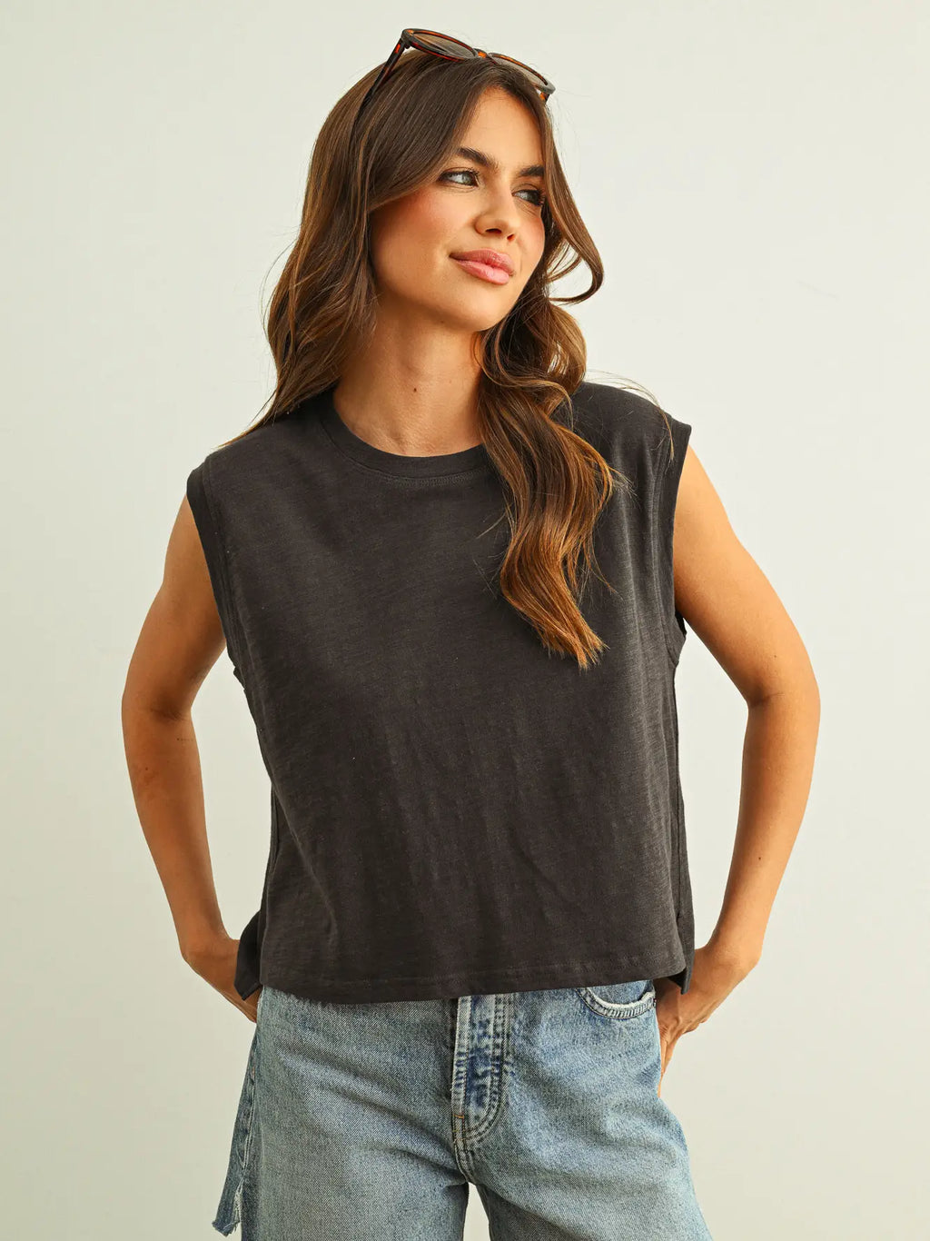 Round Neck Slub Top Navy