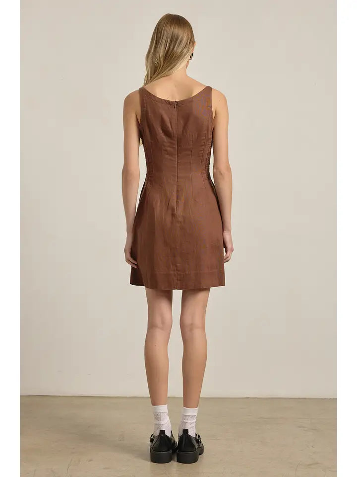 Linen Square Neck Dress Brown