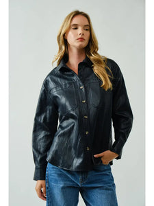 Crinkle Vegan Leather Shacket Black