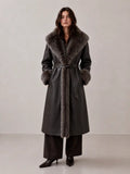 Montauk Faux Leather Coat with Faux Fur Trim Brown