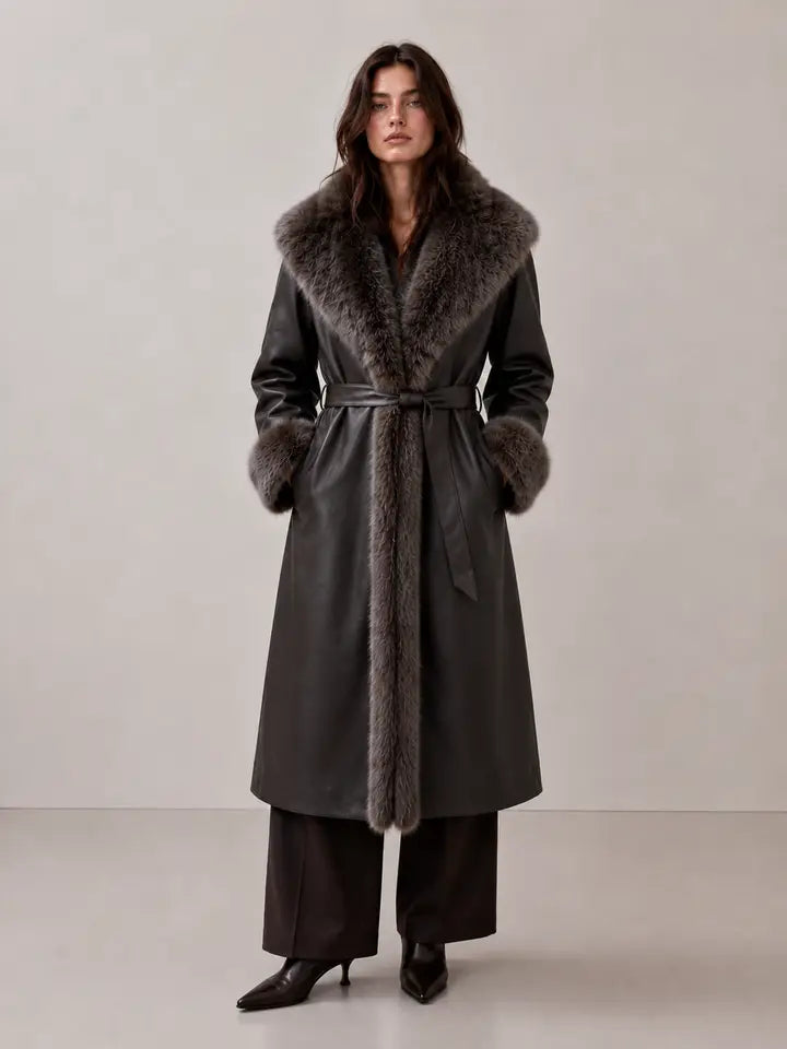 Montauk Faux Leather Coat with Faux Fur Trim Brown