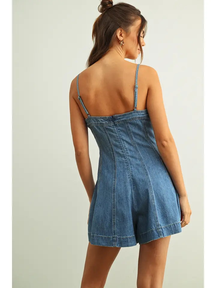 Paneled Denim Shorts Romper